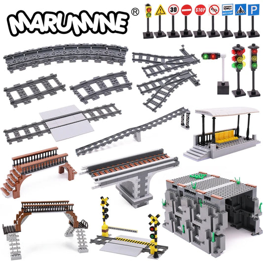 Marumine MOC City Train Railway Build Model Kit Soft Cruved Straight Tracks Traffic Light Tunnel Compatible 53401 Blocks Bricks