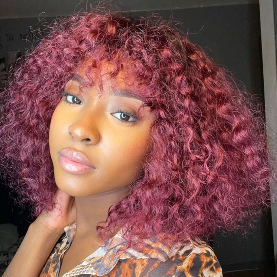 Jerry Curly Short Cut Piexie Remy Human Hair Bob Bangs Wigs Glueless Honey Blonde Ombre Burgundy Ginger 99J Wig For Black Women