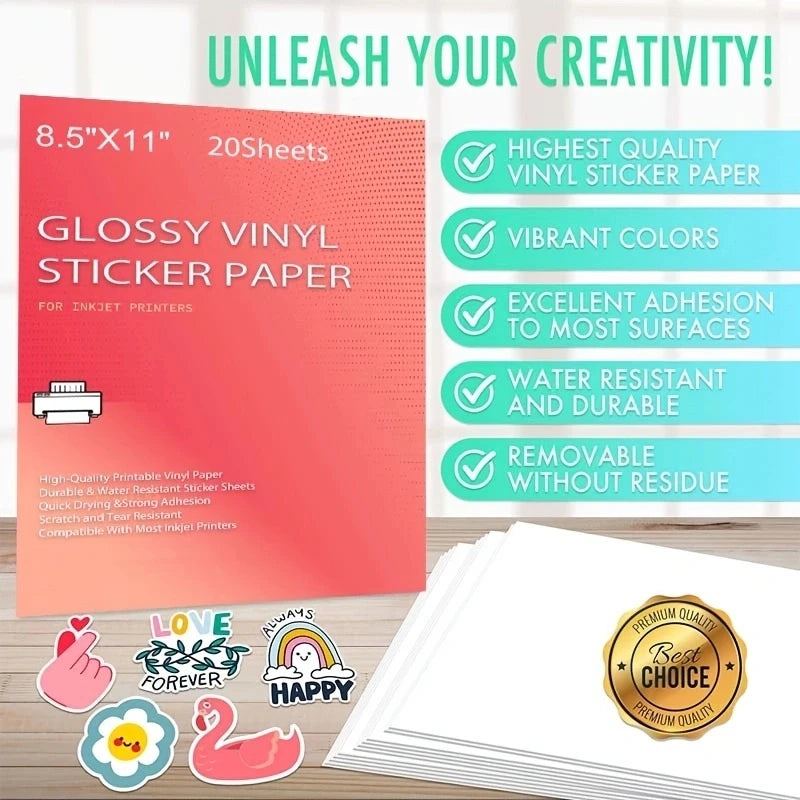 Printable Vinyl Sticker Paper for Inkjet laser Printer Glossy White Matte 20 Self-Adhesive Sheets Waterproof Decal Paper 8.5x11'