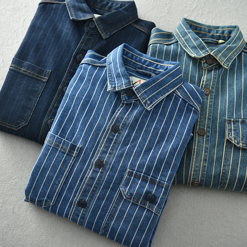 Vintage washed vertical stripe denim shirt men's loose large size cotton long-sleeved shirt jacket