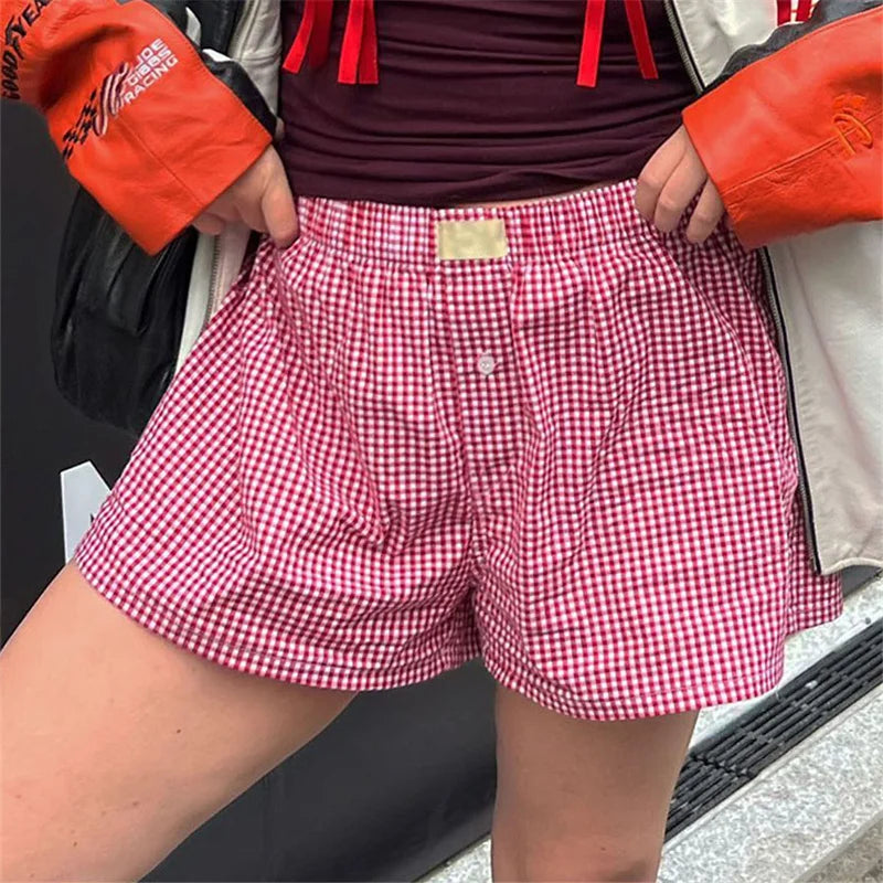 Women's Y2k Pajamas Shorts Cute Plaid Pj Short Pants Flannel Lounge Sleep Shorts Bottoms Elastic Waist Baggy Boxers Tracksuit