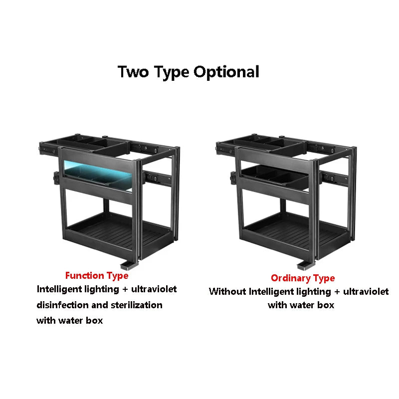 Drawer-type Kitchen Cabinet Seasoning Pull Basket All aluminum Alloy Three-layer Cabinet Storage Rack UV Smart Lighting