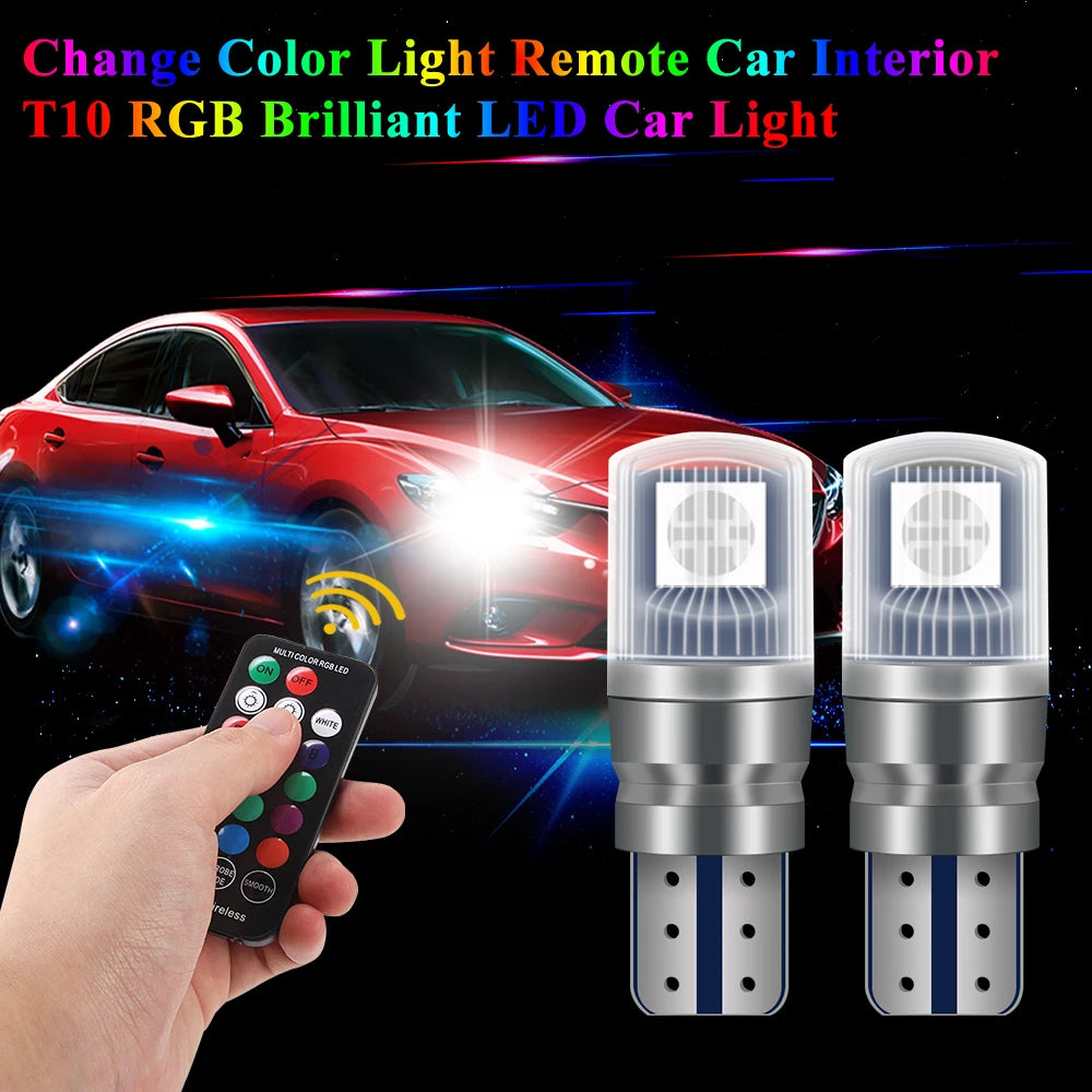 Remote Control With 2pcs RGB T10 W5W LED 194 168 5050 12v Car Dome Reading Light Automobiles Corner Lamp RGB LED Bulb