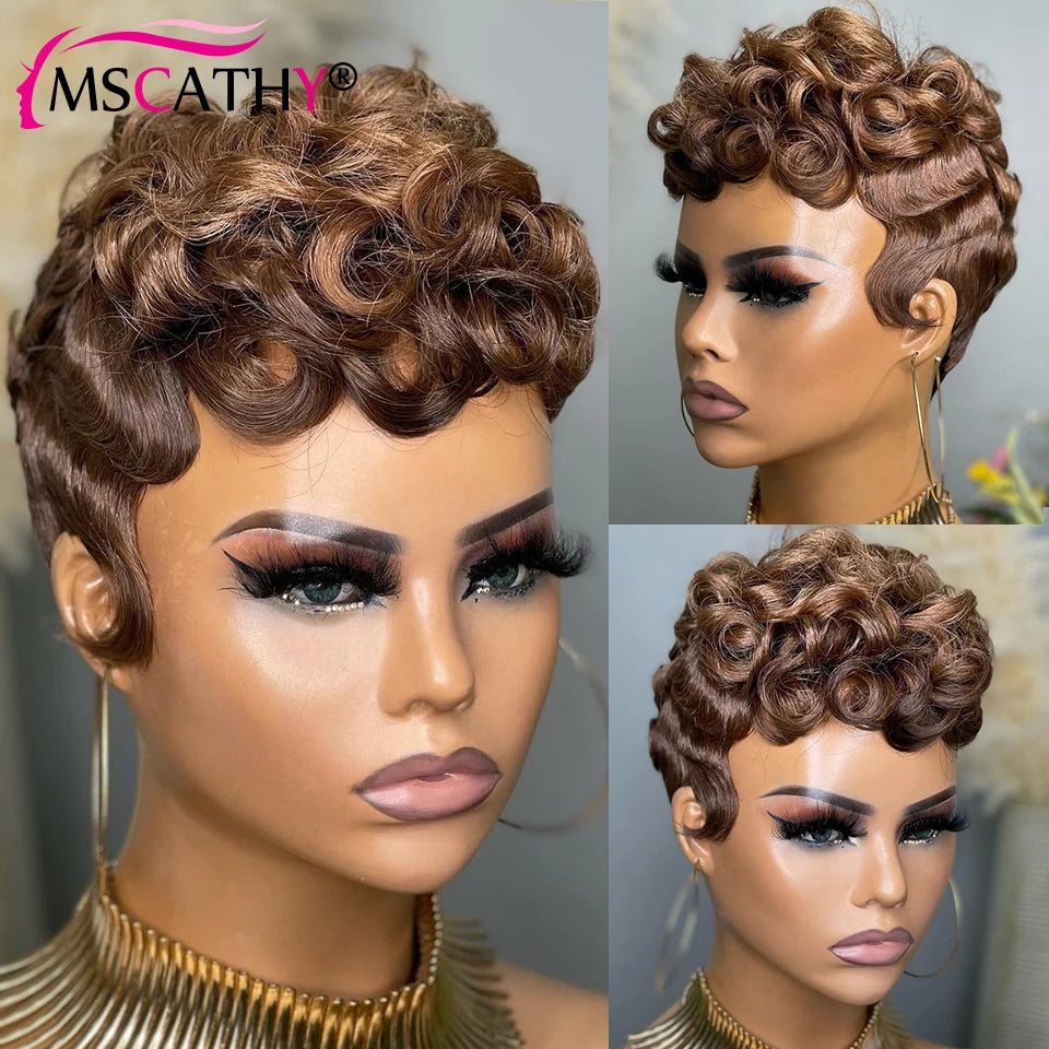 Ginger Pixie Cut Human Hair Wigs For Women Brown Curly Short Bob Full Machine Made Wig 99J Glueless Brazilian Virgin Hair Wigs