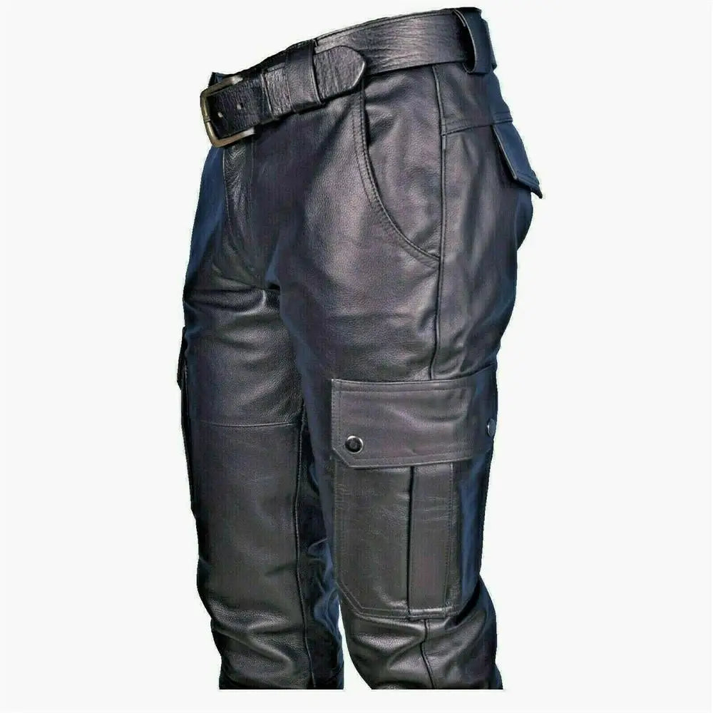 Men's Leather Motorcycle Pants with Cargo Pockets, Black, PU Pants  No Belt, Men Trousers Big Size S-5XL