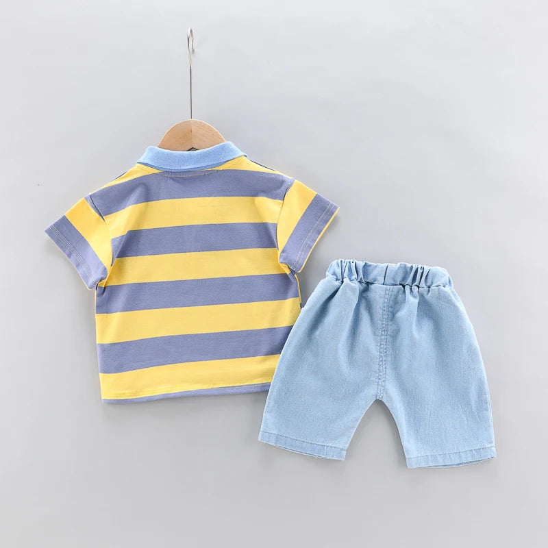 High-Quality Baby boys Polo Shirt + Handsome Denim Shorts 2-Piece Set kids girls clothes suits summer