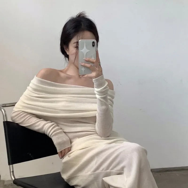 Slim Slash Neck Pullovers Women Knitted Gentle Elegant Off Shoulder Autumn Winter Long Sleeve Streetwear Sexy Pleated Female