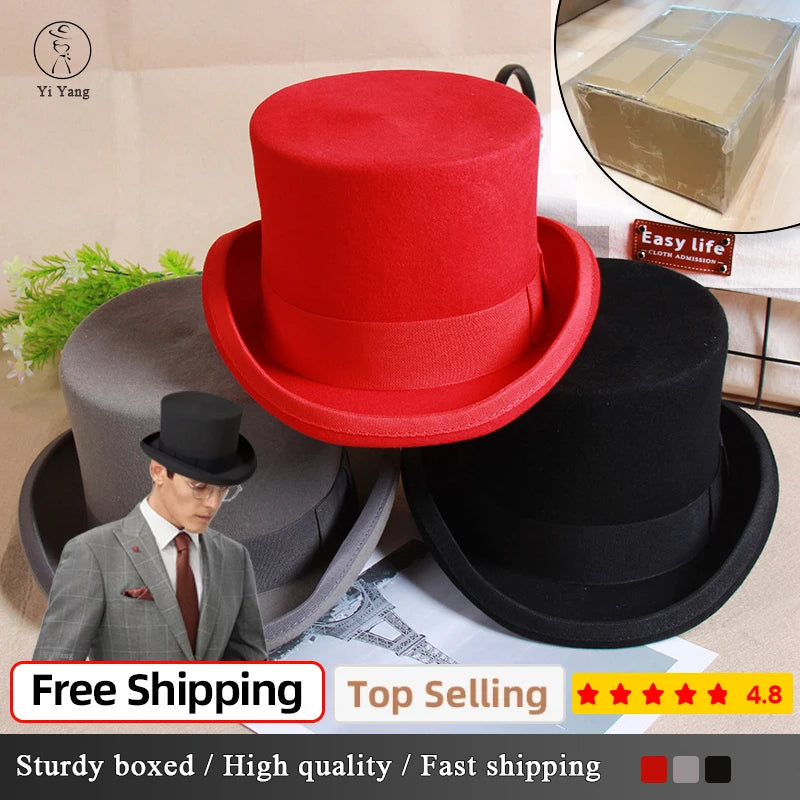 2024 Wool Flat Man Top Hat Fashion Fedora Versatile Magician Cap Gentleman Cylinder Strap Steampunk hat Elegant black luxury