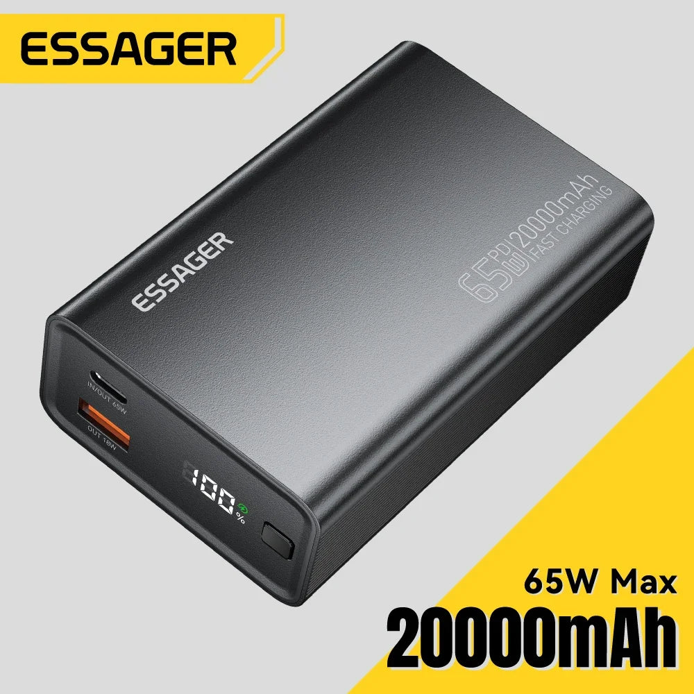 Essager Power Bank 20000mAh Портативный PD 65W Быстрая зарядка мобильного телефона Внешний аккумулятор Powerbank для телефона ноутбука планшета Mac