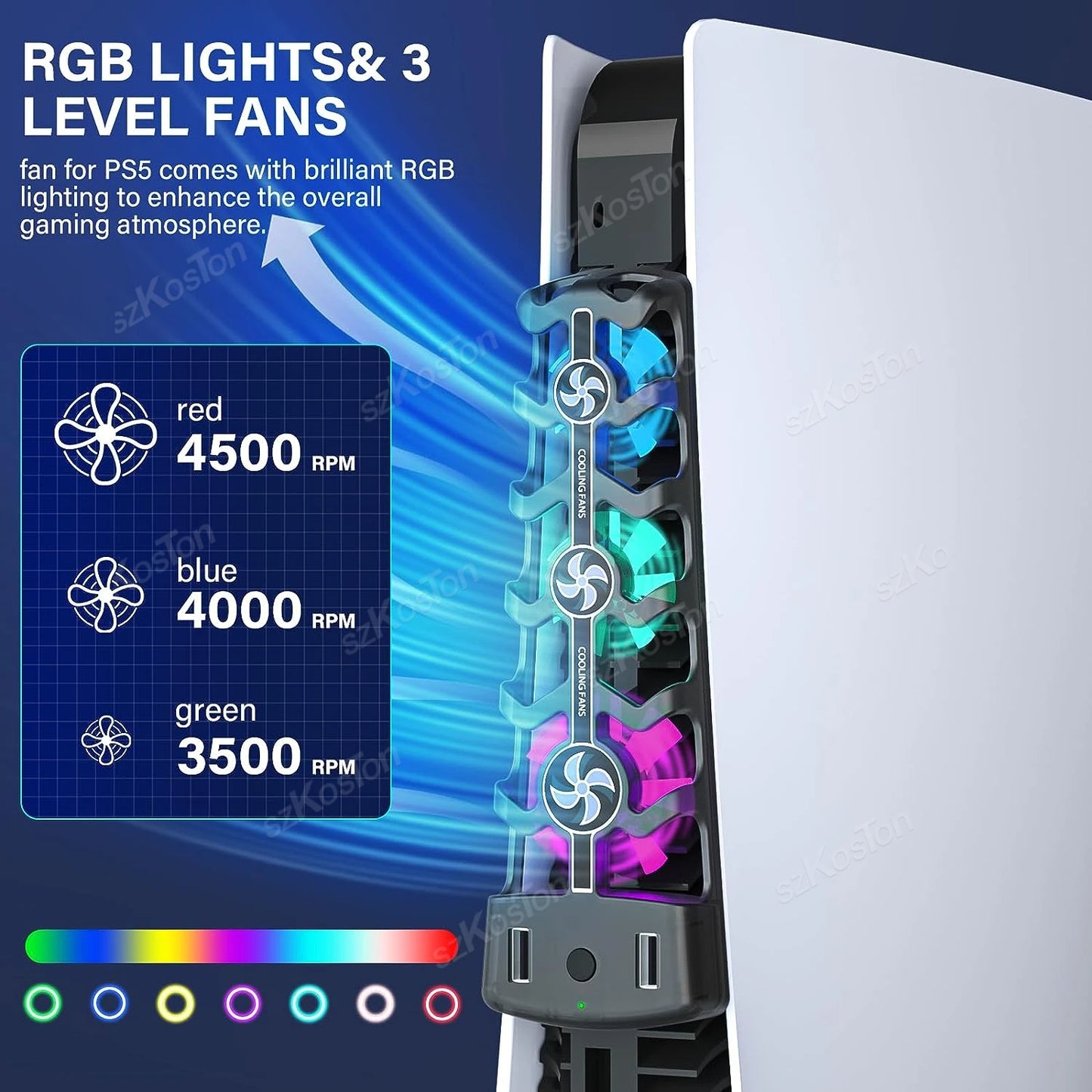 Вентилятор охлаждения RGB для PS5 Эффективная система охлаждения 3-скоростные тихие вентиляторы для консоли PS5 Аксессуары для дисков и цифровых изданий