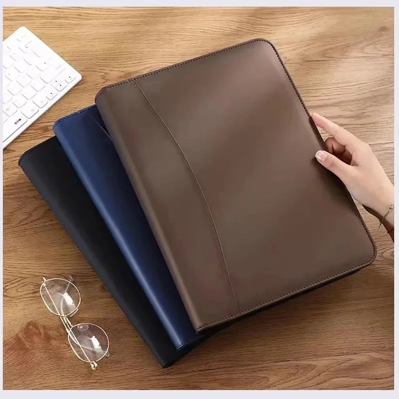 University A4 Leather Portfolio Folder for Document Holder Desk Organizer Man Executive Briefcase Zippered Calculator for Office