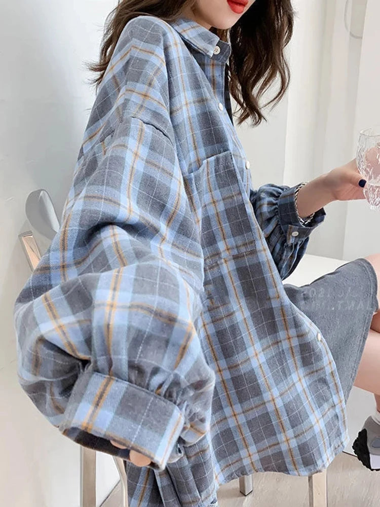 JMPRS Fashion Plaid Women Shirt Fashion Korean Oversize Tops Harajuku Daily All-match Long Sleeve Chic Female Yellow Shirts New