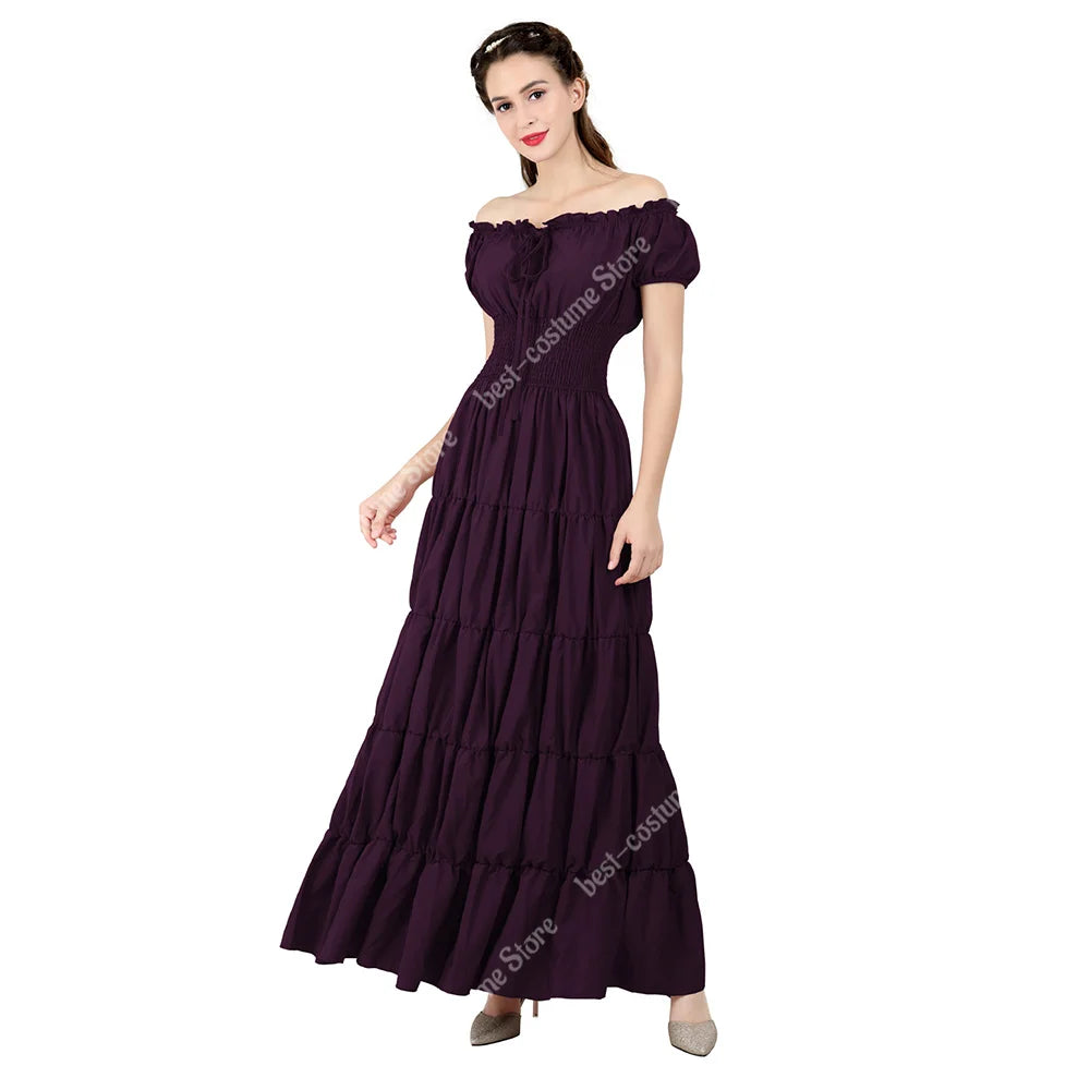 Medieval Dress Off Shoulder Victorian Irish Dresses European Clothing for Women White Elastic Waist Long Dress Elegant