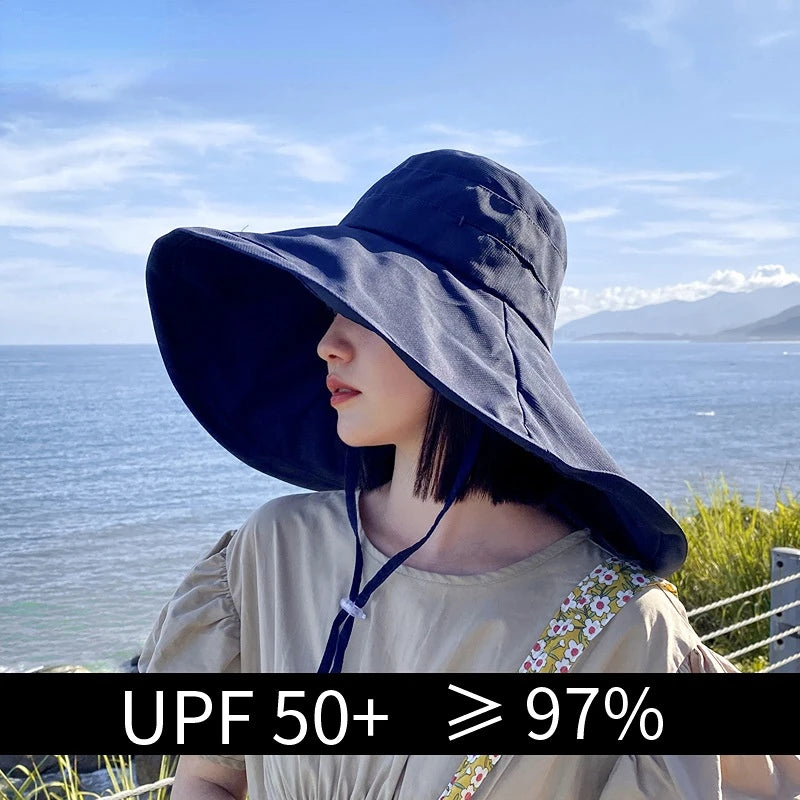 Wide Brim UPF 50+ Sun Hat Women Anti-UV Protection Hiking Fisherman Cap Fold Summer Solid Beach Hat 2023 Double sided Sun hat