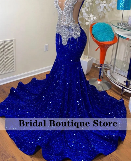 Sparkly Royal Blue Diamonds Mermaid Prom Dress Glitter Sequins Bead Crystal Rhinestones Vestidos De Fiesta Birthday Party Dress