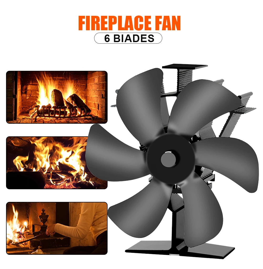 Heat Powered Stove Fan Eco Quiet Black 6 Blades Log Wood Burner Fireplace Fan Winter Warmer Home Efficient Heat Distribution