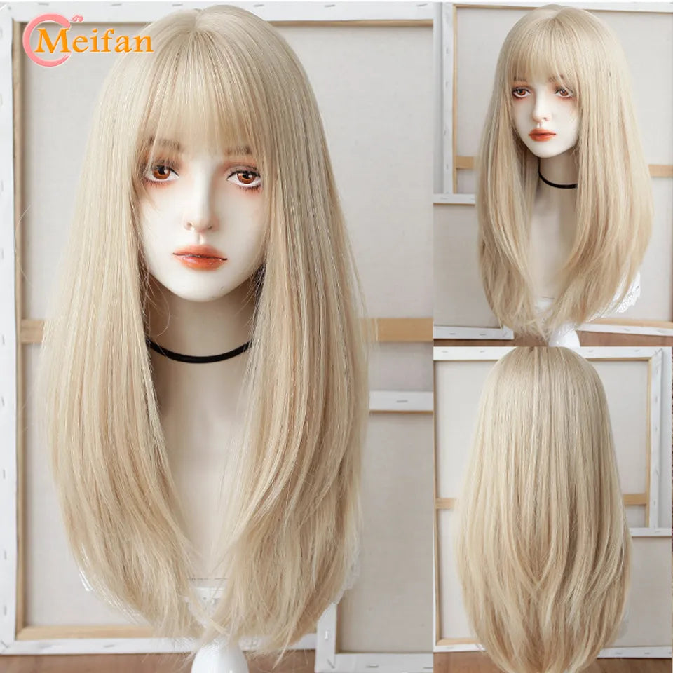 MEIFAN Synthetic Long Straight Lolita Wig with Bangs Wig Girl Cute Ombre Pink Blonde Black Cosplay Party Halloween Harajuku Wig