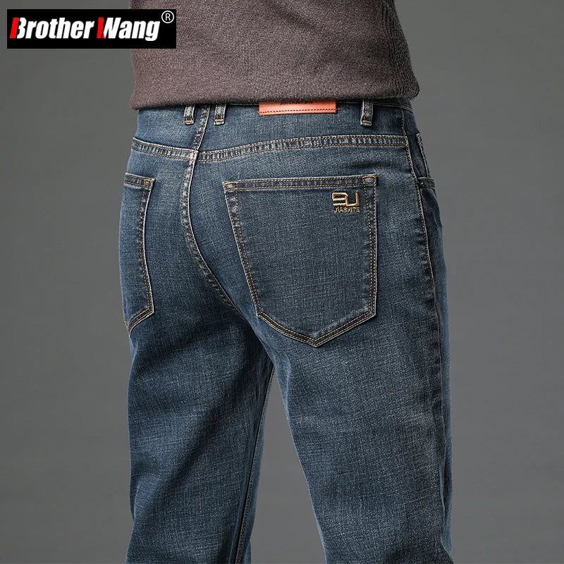 2023 Fall New Men's Cotton Stretch Slim Jeans Straight Version Business Fashion Denim Pants Vintage Blue Brand Trousers Black