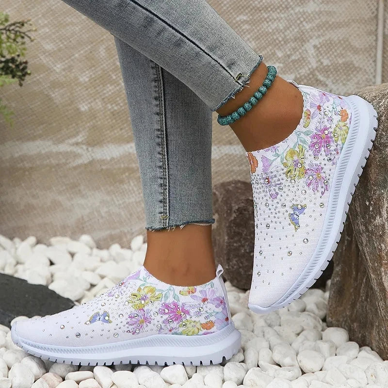 Women's Soft Printed Flats Autumn Breathable Knitted Platform Sneakers Woman Chinese Style Flowers Casual Shoes Plus Size 43