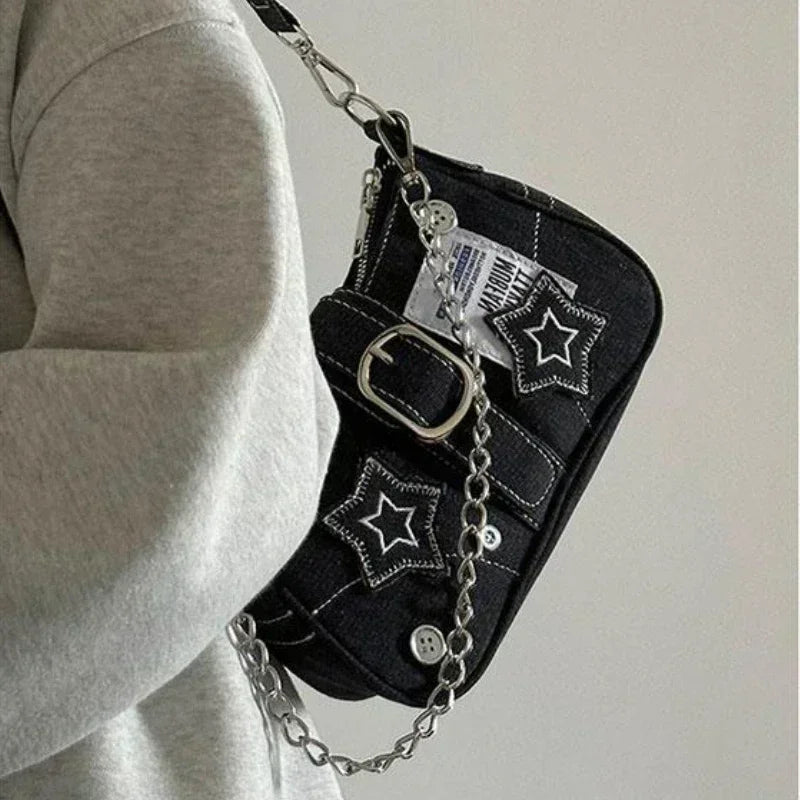 Y2k Fashion Women's Handbags Stars Pattern Cool Girls Underarm Bag Fashion Canvas Female Small Shoulder Bags Chain Tote Purses