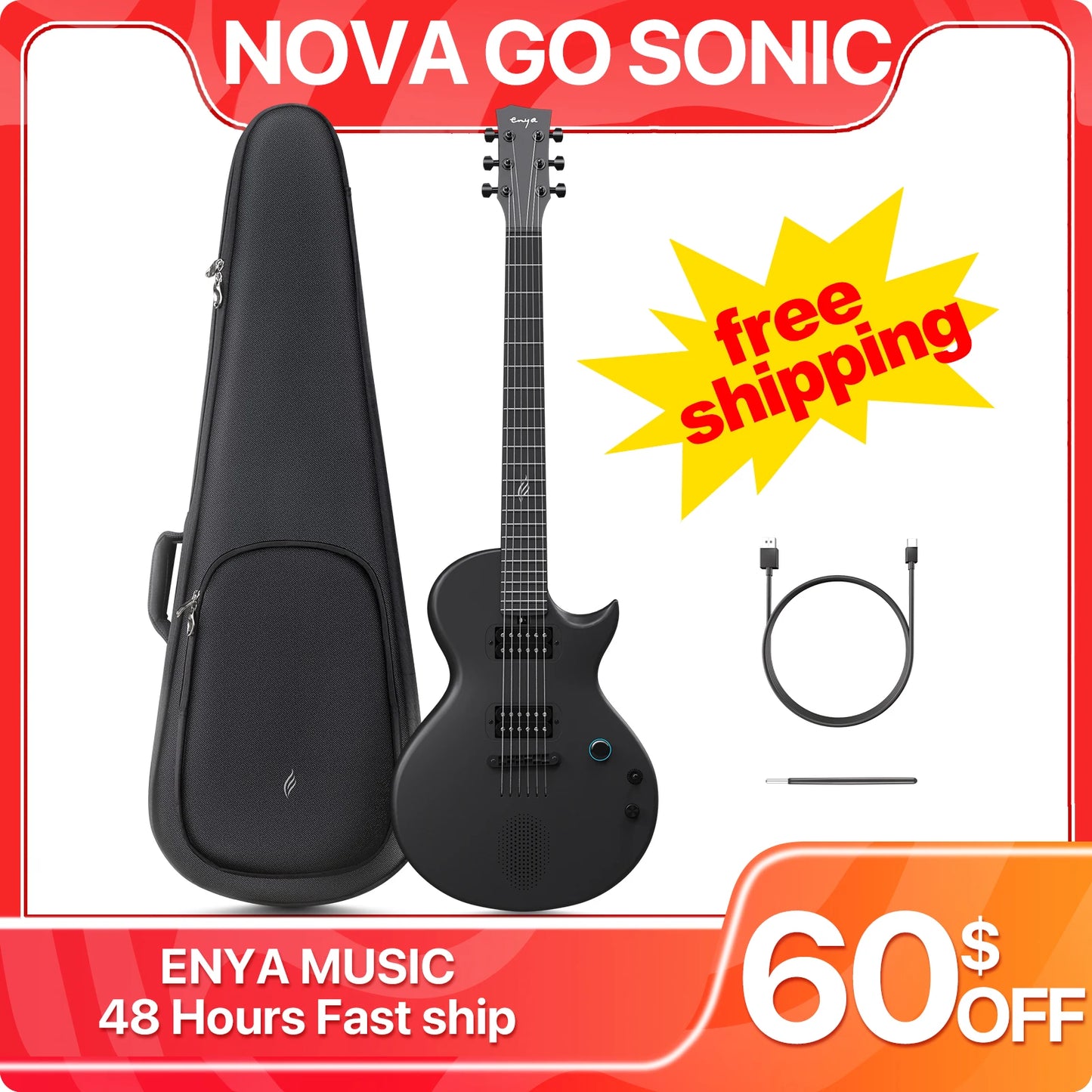 Электрогитара Enya Nova Go Sonic Smart Electric Carbon Fiber Guitarra с беспроводным динамиком, встроенными пресетами, кабелем для зарядки