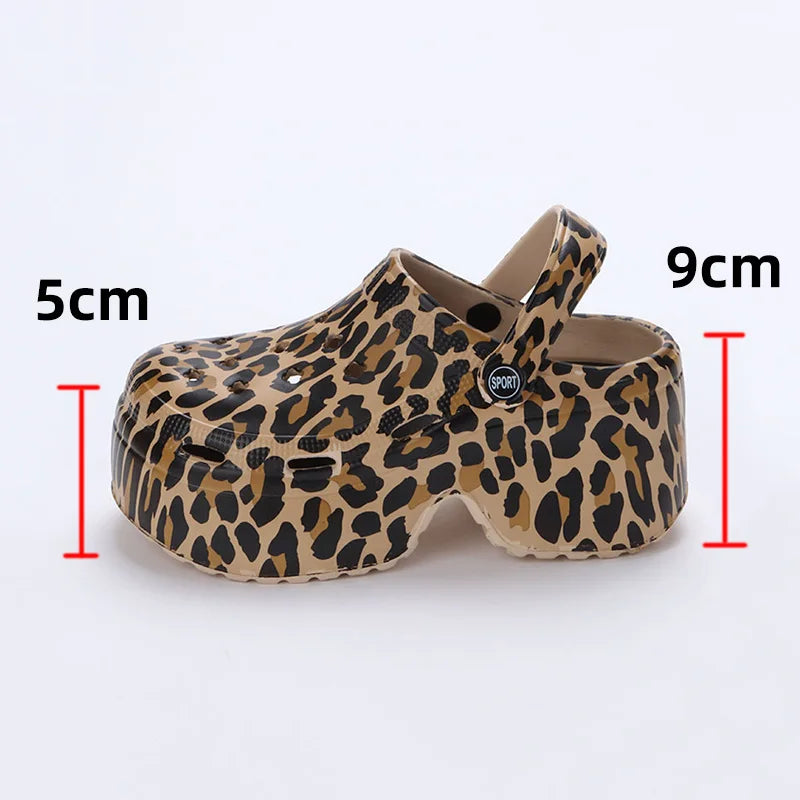 Leopard Thick Bottom Clogs for Women Closed Toe Chunky Platform Sandals Woman Summer 2023 Super High Wedge Heel Slippers Female