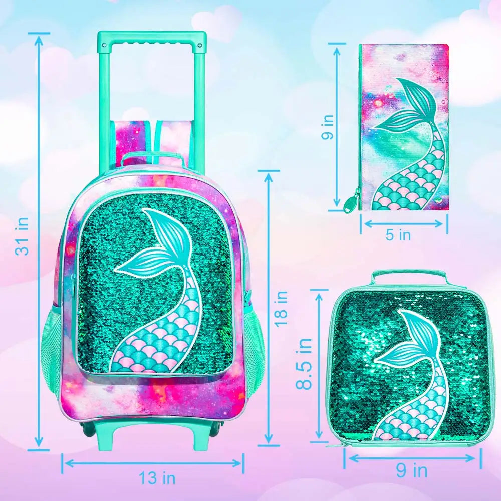 Girls Rolling Backpack, Kids Wheels Bookbag - Roller Elementary Sequin School Bag - 3PCS Unicorn Mermaid Green Visit the gxtvo S