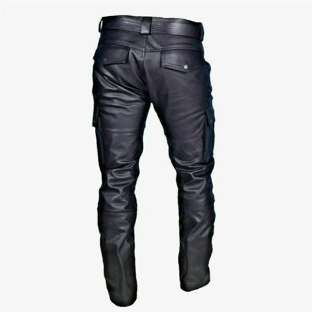 Men's Leather Motorcycle Pants with Cargo Pockets, Black, PU Pants  No Belt, Men Trousers Big Size S-5XL