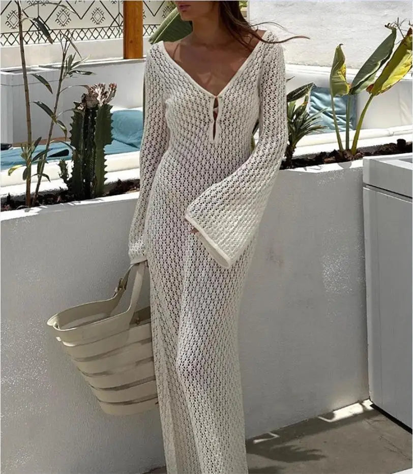 Yiiciovy Sexy Women Long Knit Beach Dress Hollow-Out Deep V-Neck Long Sleeve Bikini Cover-Ups Dress Fall Backless Holiday Dress