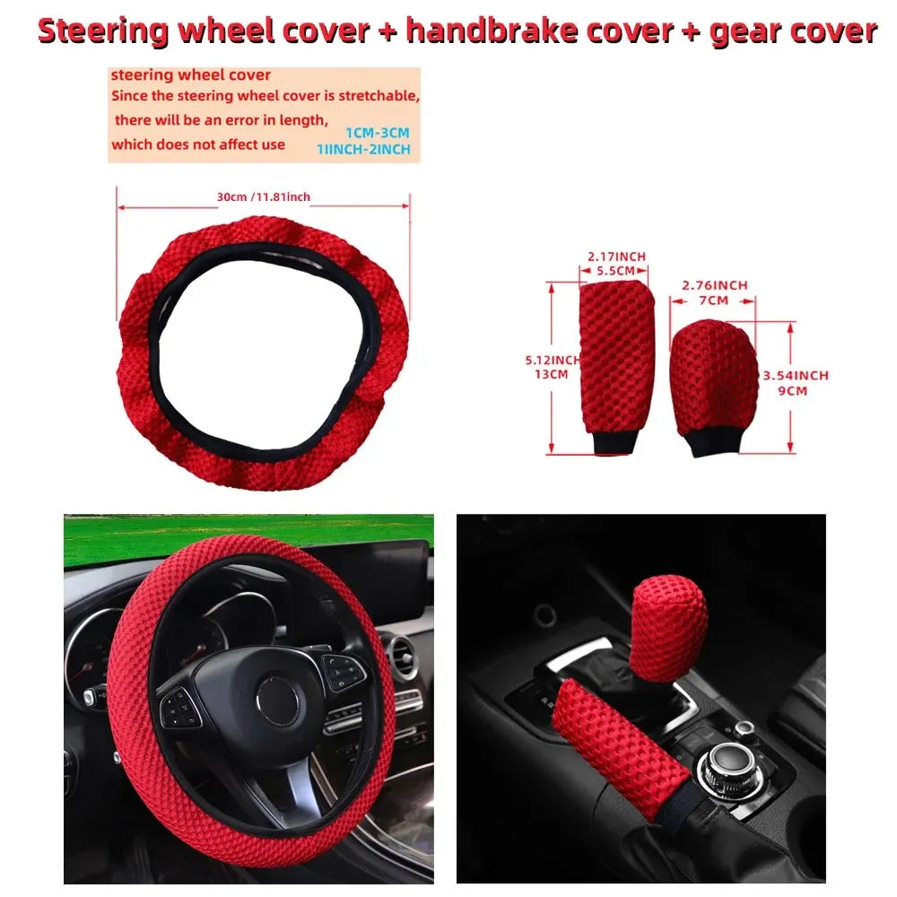 3-piece Massage Mesh Cloth Breathable Car without Inner Ring Steering Wheel Cover Handbrake Cover Handle Cover 14.5-15INCH