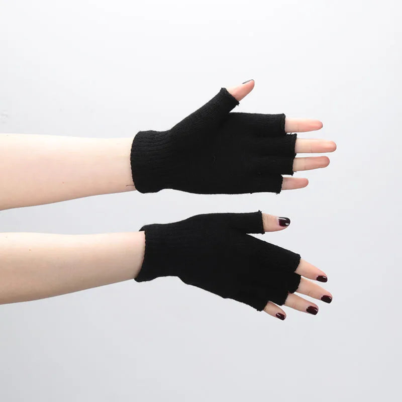 1pair Black Short Half Finger Fingerless Knit Wrist Glove Winter Warm Stretch Work Gloves for Women and Men Cycling Accessories