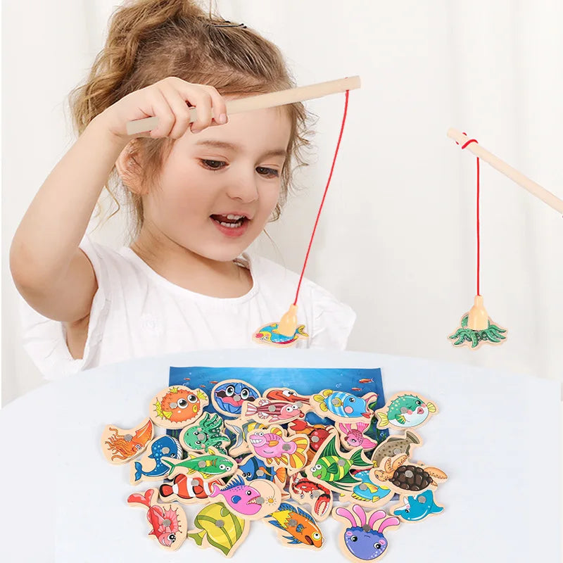 Wooden Magnetic Fshing Game Cartoon Marine Life Cognition Fish Rod Toys for Children Early Educational Parent-child Interactive