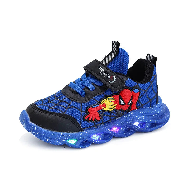 Кроссовки Disney LED Casual, красные, черные, для мальчиков, весна, сетчатая уличная обувь с изображением человека-паука, детская, светящаяся, нескользящая обувь, размер 21-30