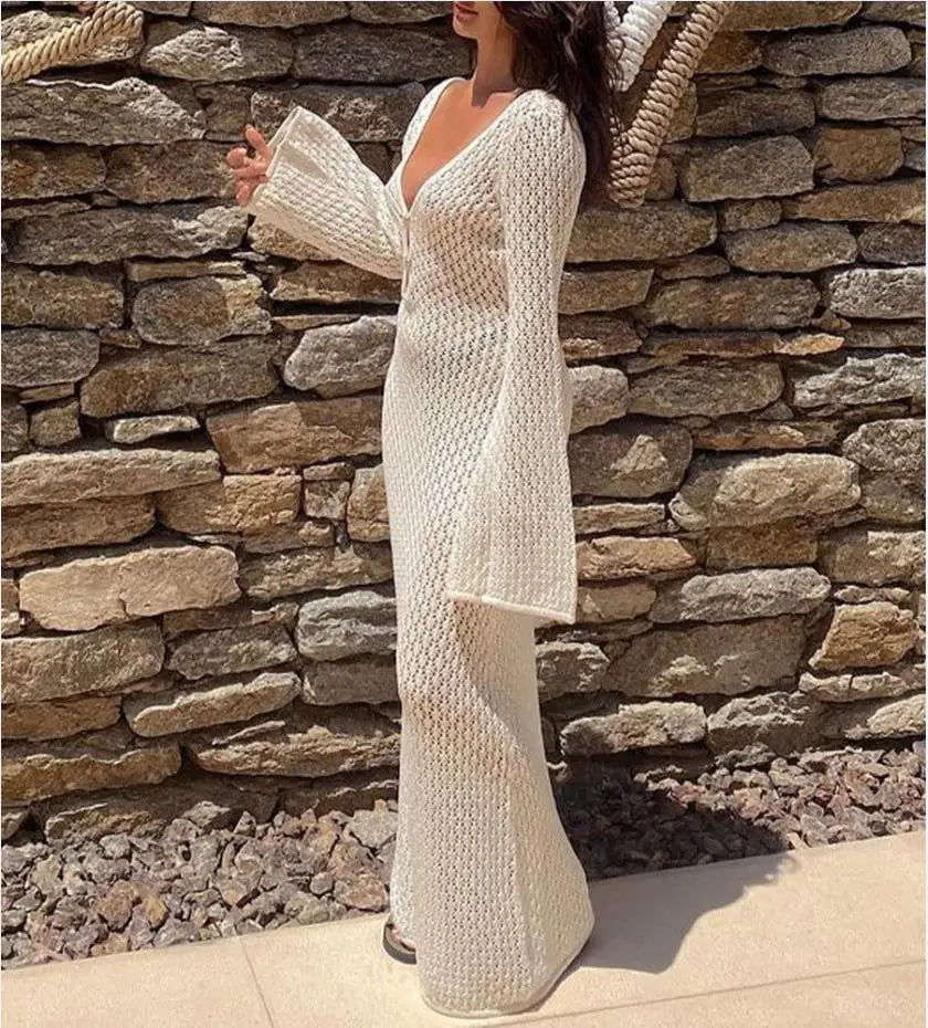 Yiiciovy Sexy Women Long Knit Beach Dress Hollow-Out Deep V-Neck Long Sleeve Bikini Cover-Ups Dress Fall Backless Holiday Dress