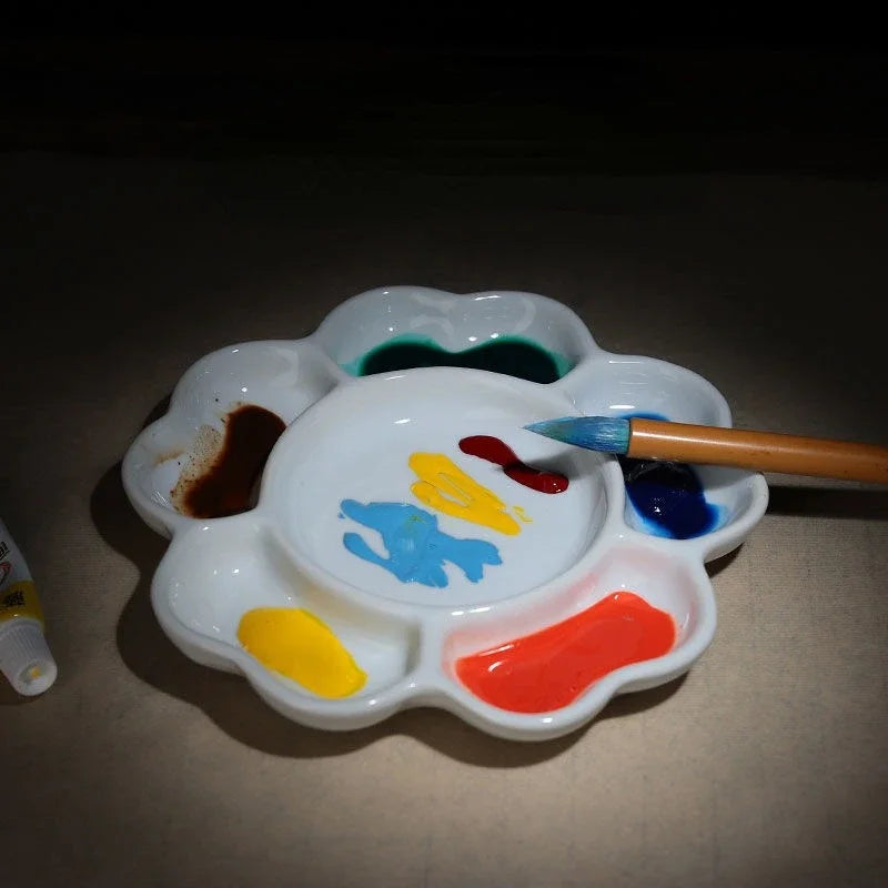 Plum Blossom 7-grid Ceramic Watercolor Palette Jingdezhen Firing Artist-grade Gouache Acrylic Paint Sub-packaging Ceramic Dish