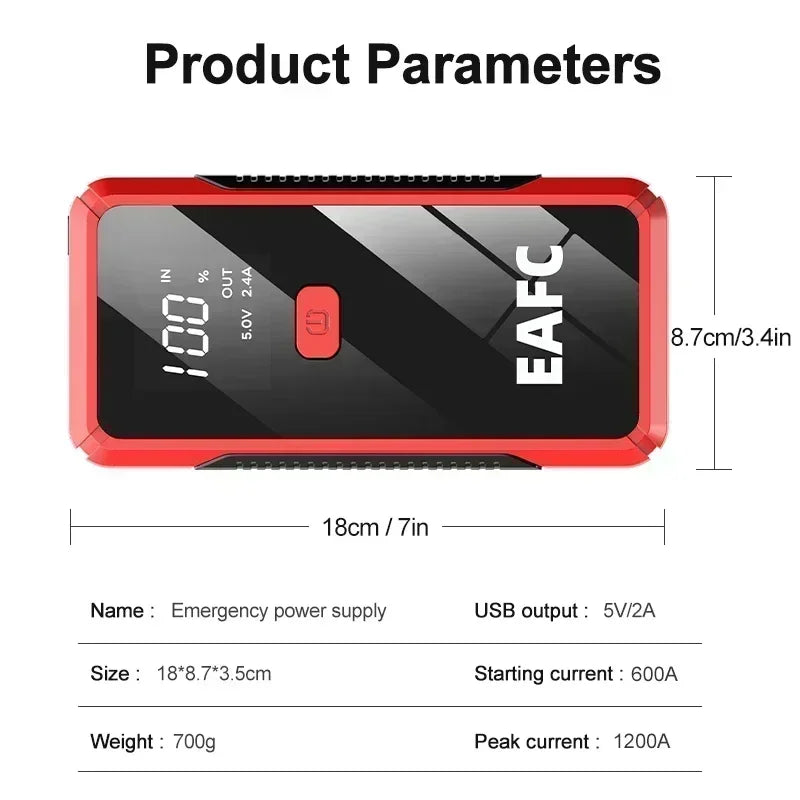 EAFC 12V  Car Jump Starter Power Bank Portable Car Battery Booster ChargerStarting Device Auto Emergency Start-up Lighting