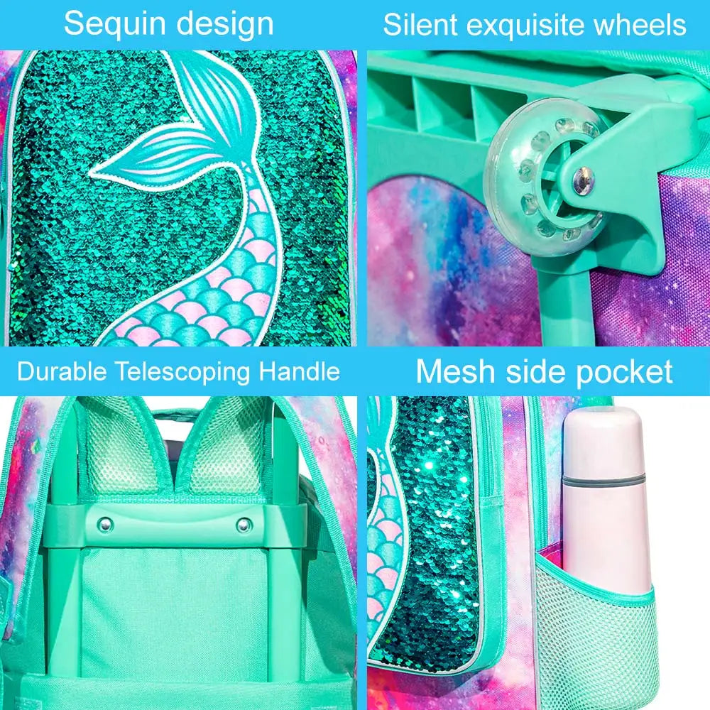 Girls Rolling Backpack, Kids Wheels Bookbag - Roller Elementary Sequin School Bag - 3PCS Unicorn Mermaid Green Visit the gxtvo S