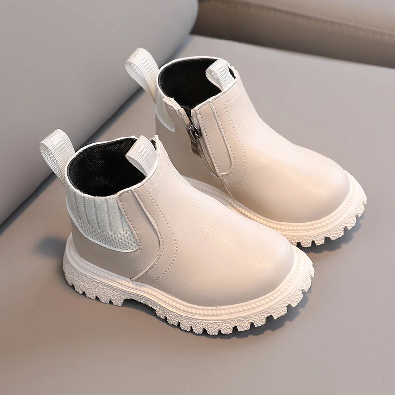 Fashion Boy Girl Short Boots Non-Slip British Style Boots Children's Side Zipper Design Single Boots Leather Boots Anti-skid