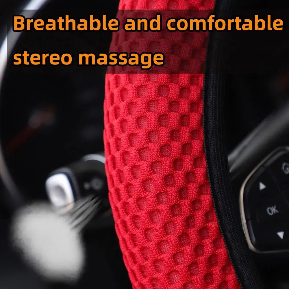 3-piece Massage Mesh Cloth Breathable Car without Inner Ring Steering Wheel Cover Handbrake Cover Handle Cover 14.5-15INCH