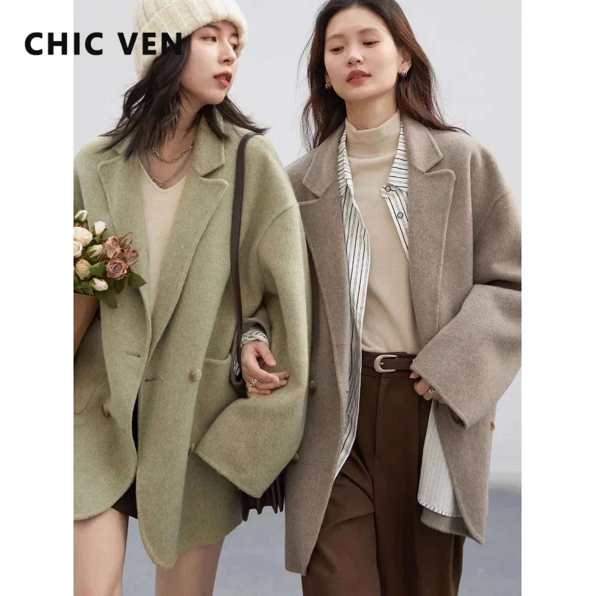 CHIC VEN Women's Woolen Coats Loose Casual Double Breasted Retro Double-sided Jacket Office Lady Outerwear Autumn Winter 2023