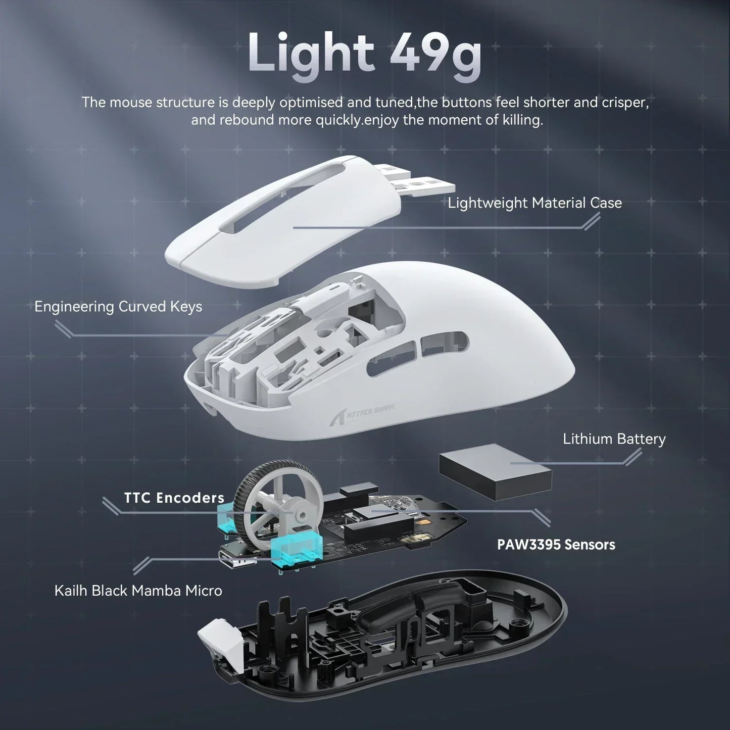 X3  PixArt PAW3395 Bluetooth Mouse 2.4G Tri-Mode Connection, 26000dpi, 650IPS, 49g Lightweight Macro Gaming Mouse