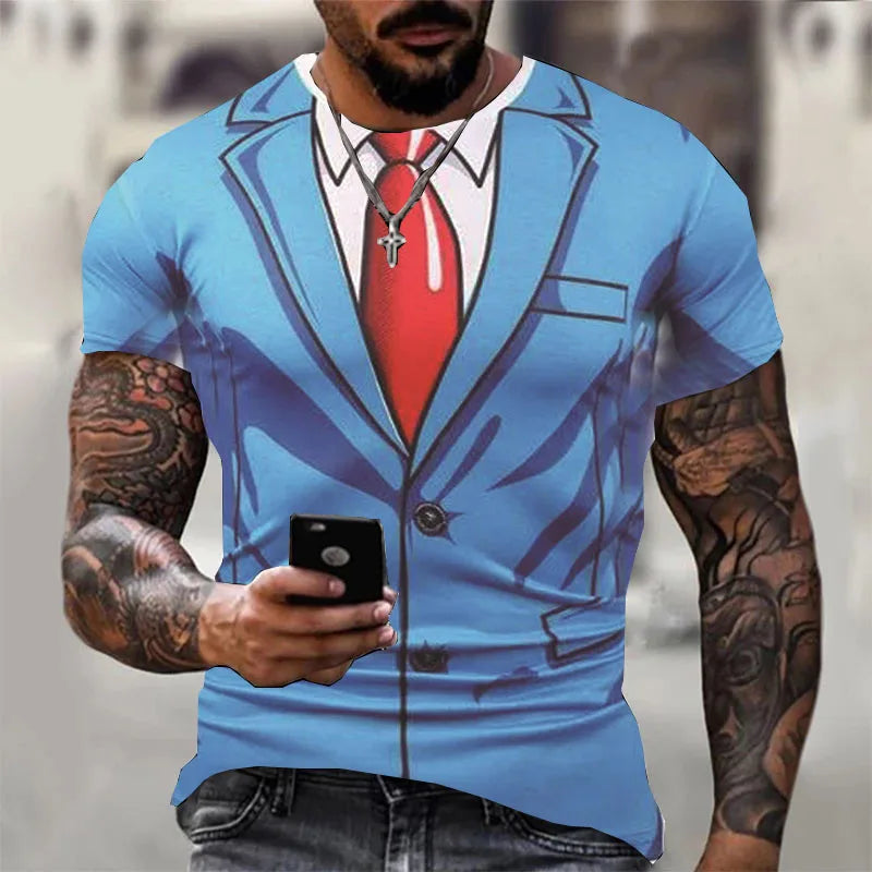 Fashion Men's T-shirts 3d Print Suit And Tie Pattern Plain Short Sleeved T-shirt For Men's Clothing High Street Streetwear Tops