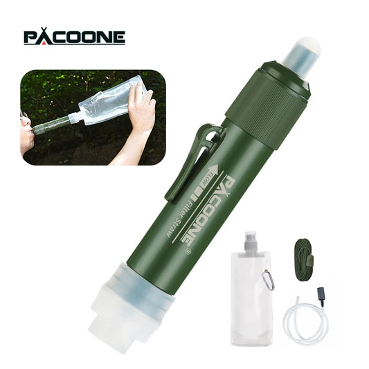 PACOONE Mini Camping Purification Water Filter Straw TUP Carbon Fiber Water Bag for Survival or Emergency Supplies