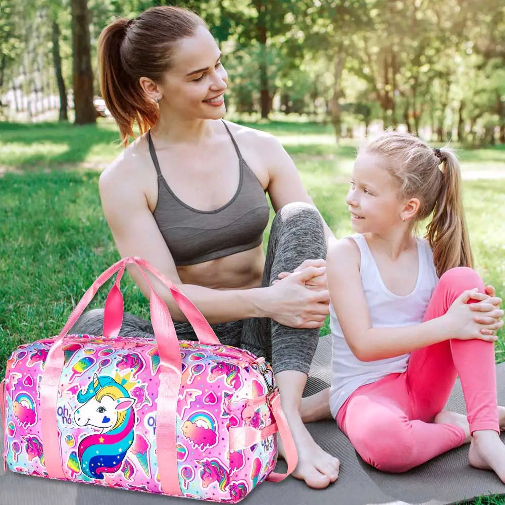 Kids Duffle Bag For Travel With Shoe Compartment Girls Gym Dance Ballet Weekender Overnight Unicorn Rainbow Mermaid Pink Purple