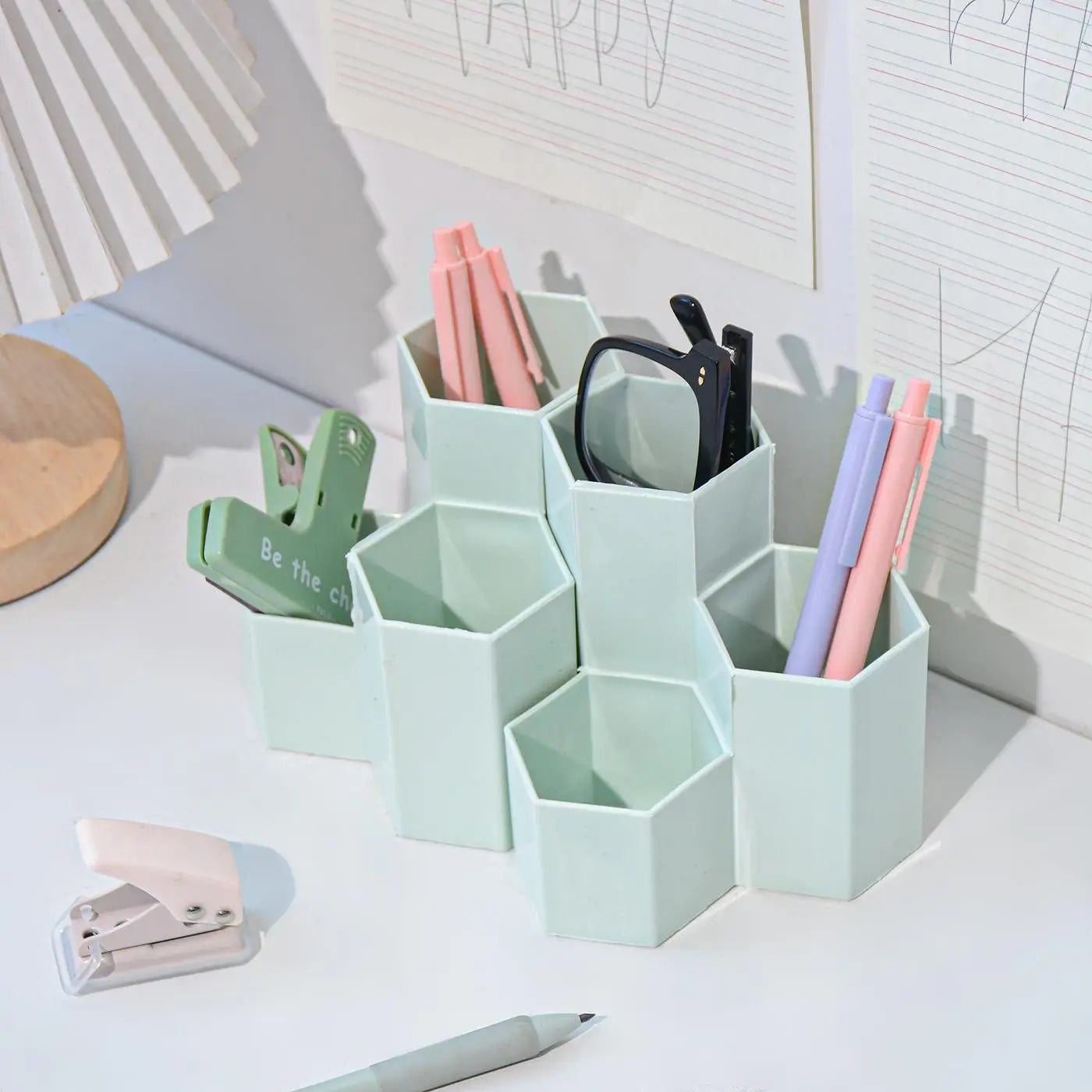 Large Capacity Hexagonal Desktop Organizer Pen Container Holder Storage Pencil Cup 3 Slot Stand School Office Supplies