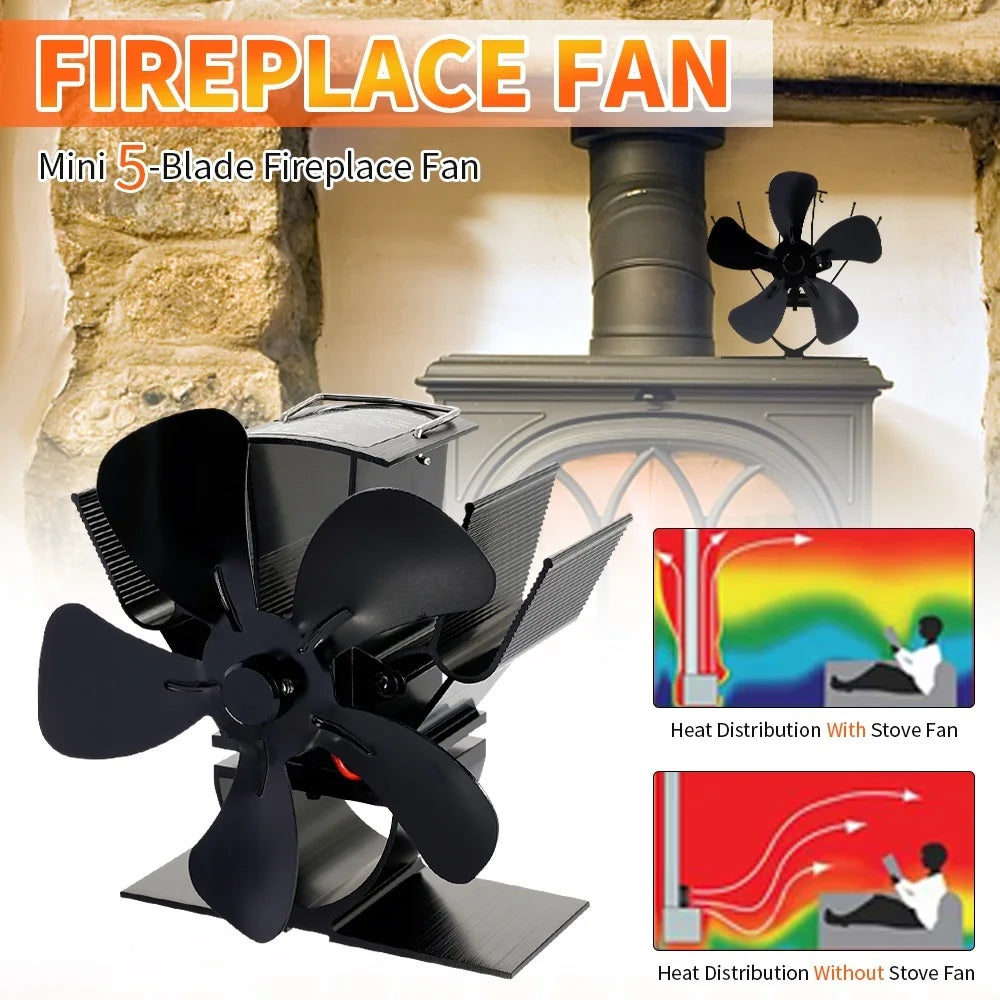 Mini Stove Fan Heat Powered Fireplace Fan Log Wood Burner Eco-fan Quiet 5 Blade Fireplace Fan Home Winter Warm Heat Distribution