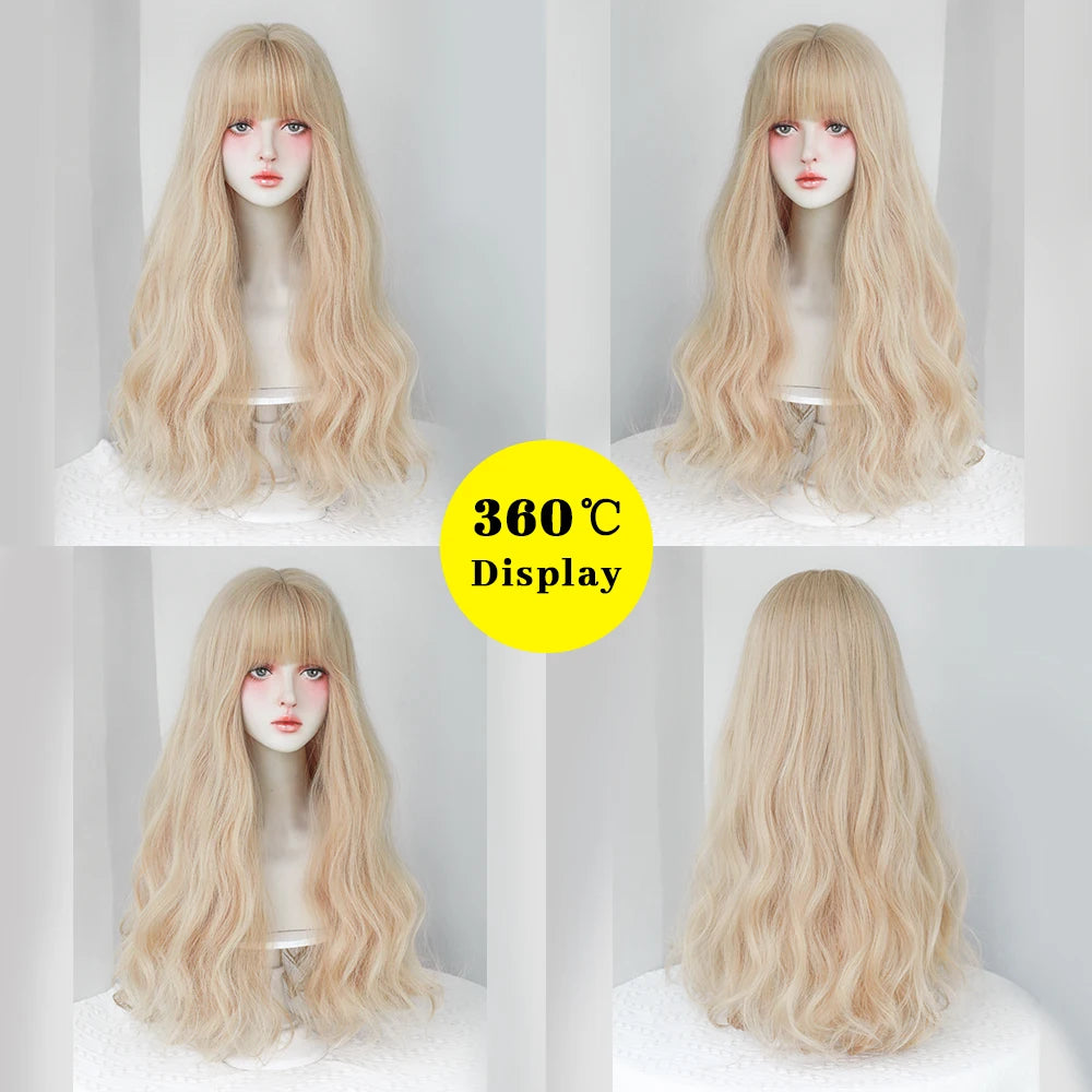 Dense Long Wave Wig Women Wig with Bangs Blonde Cospaly Lolita Daily Party Synthetic Wigs Heat Resistant Fiber Natural Fake Hair