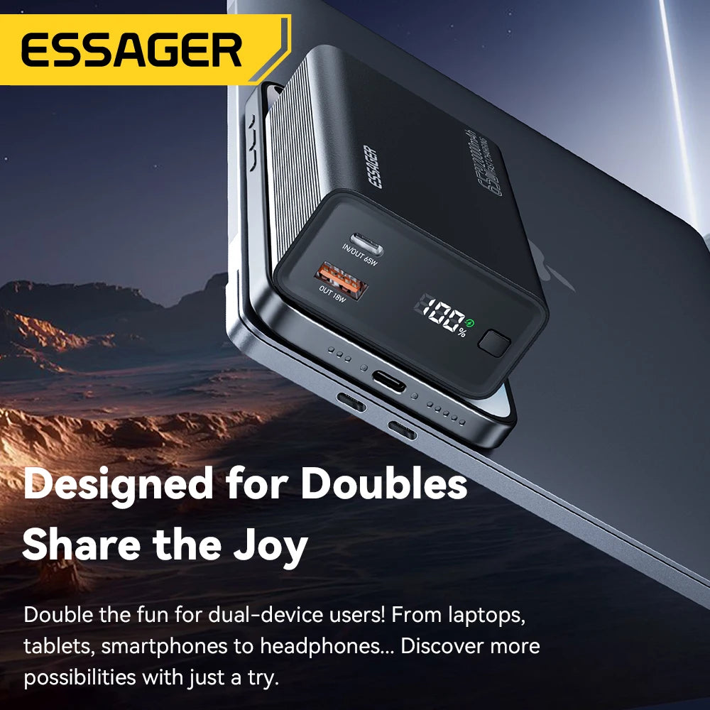 Essager Power Bank 20000mAh Портативный PD 65W Быстрая зарядка мобильного телефона Внешний аккумулятор Powerbank для телефона ноутбука планшета Mac