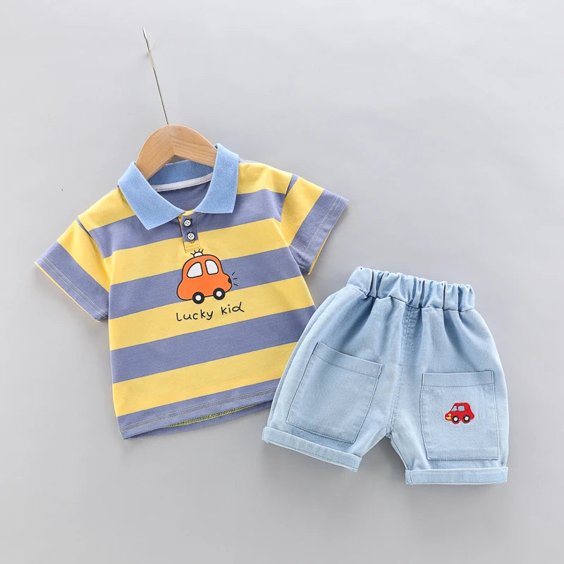 High-Quality Baby boys Polo Shirt + Handsome Denim Shorts 2-Piece Set kids girls clothes suits summer