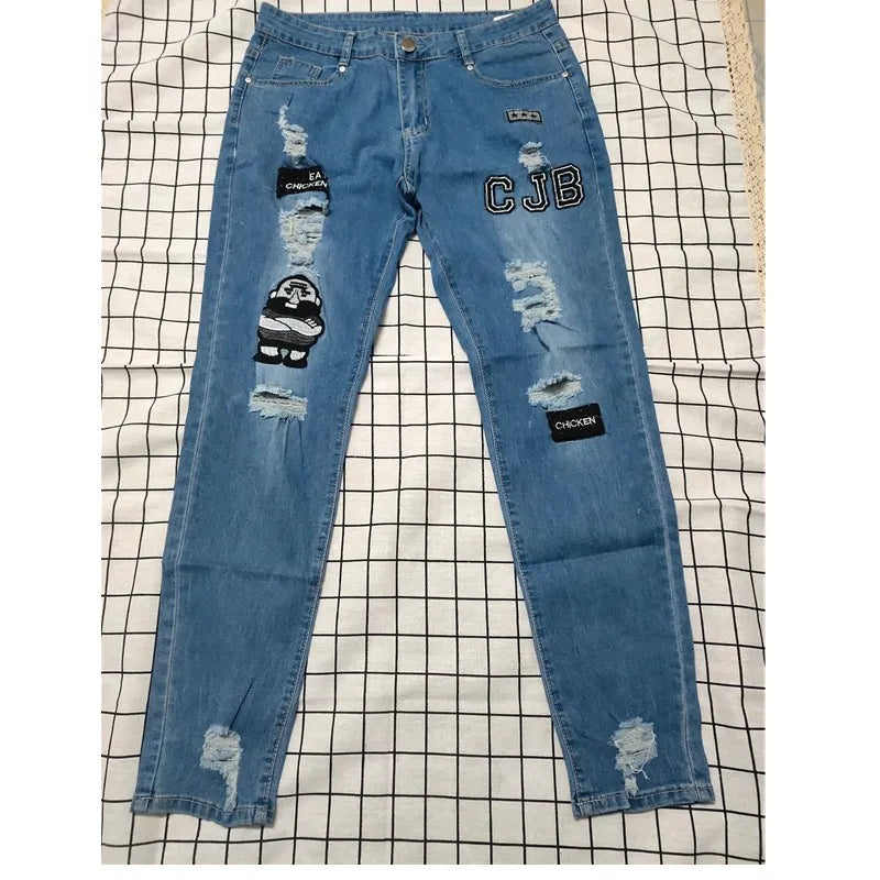 White Embroidery Jeans Men Cotton Stretchy Ripped Skinny Jeans High Quality Hip Hop Black Hole Slim Fit Oversize Denim Pants